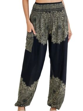 Olive Green Harem Boho Relax Fit Cream Mandala Print Hippie Pants One Size